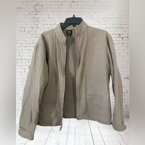 Eileen Fisher Ribbed Jacket Sweater Coat Khaki Zip Up Stand Up Collar Womens Sm